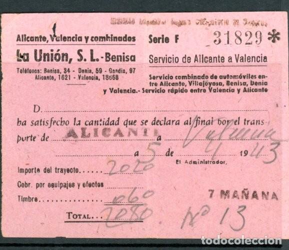 Coleccionismo Billetes de transporte: BILLETE DE AUTOMOVILES &rdquo; LA UNION&rdquo; // ALICANTE - VALENCIA // 1943