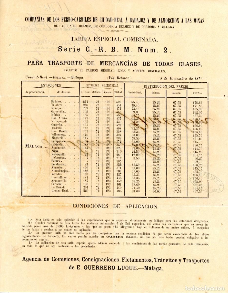 Coleccionismo billetes de transporte: TARIFA de la Compa&ntilde;ia Ferro-carriles de Ciudad- Real a Badajoz y de Almorchon a las Minas // 1873
