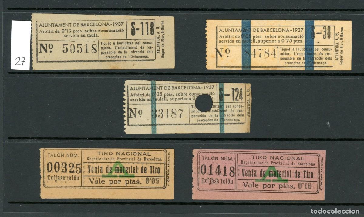 Coleccionismo Billetes de transporte: LOTE 27 // 5 BILLETES DE ARBITRIO Y DE VENTA DE MATERIAL DE TIRO DE BARCELONA