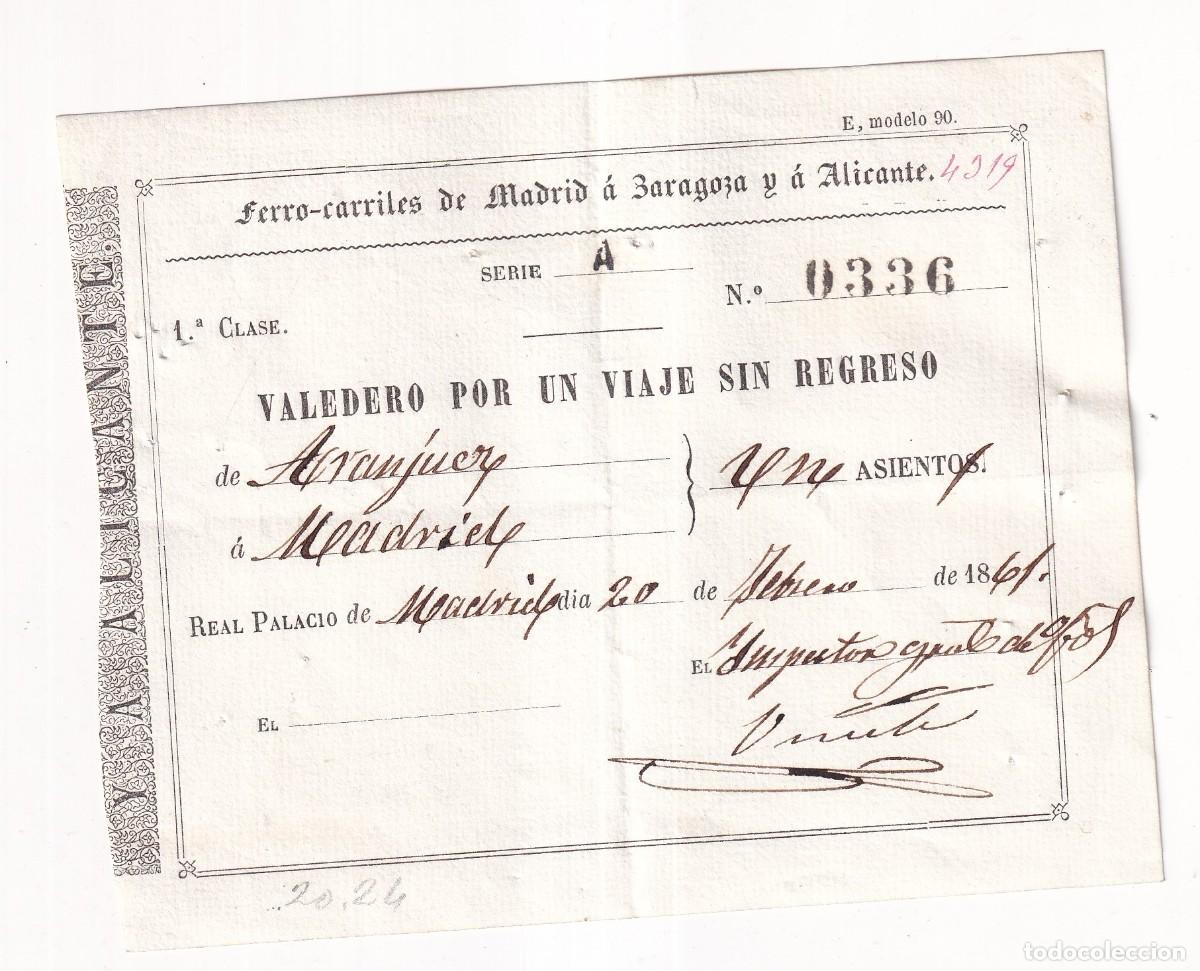 Collectionnisme Billets de transport: BILLETE FERROCARRILES DE MADRID A ZARAGOZA Y A ALICANTE. ARANJUEZ. PRIMERA CLASE 1861 XIX. IDA