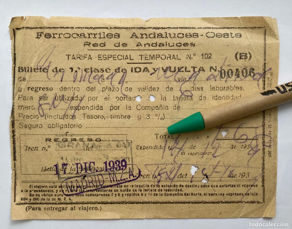 Coleccionismo Billetes de transporte: Billete Tren Granada Madrid M.Z.A. 1939 Ferrocarriles Andaluces Oeste Tarifa Especial Ida y vuelta