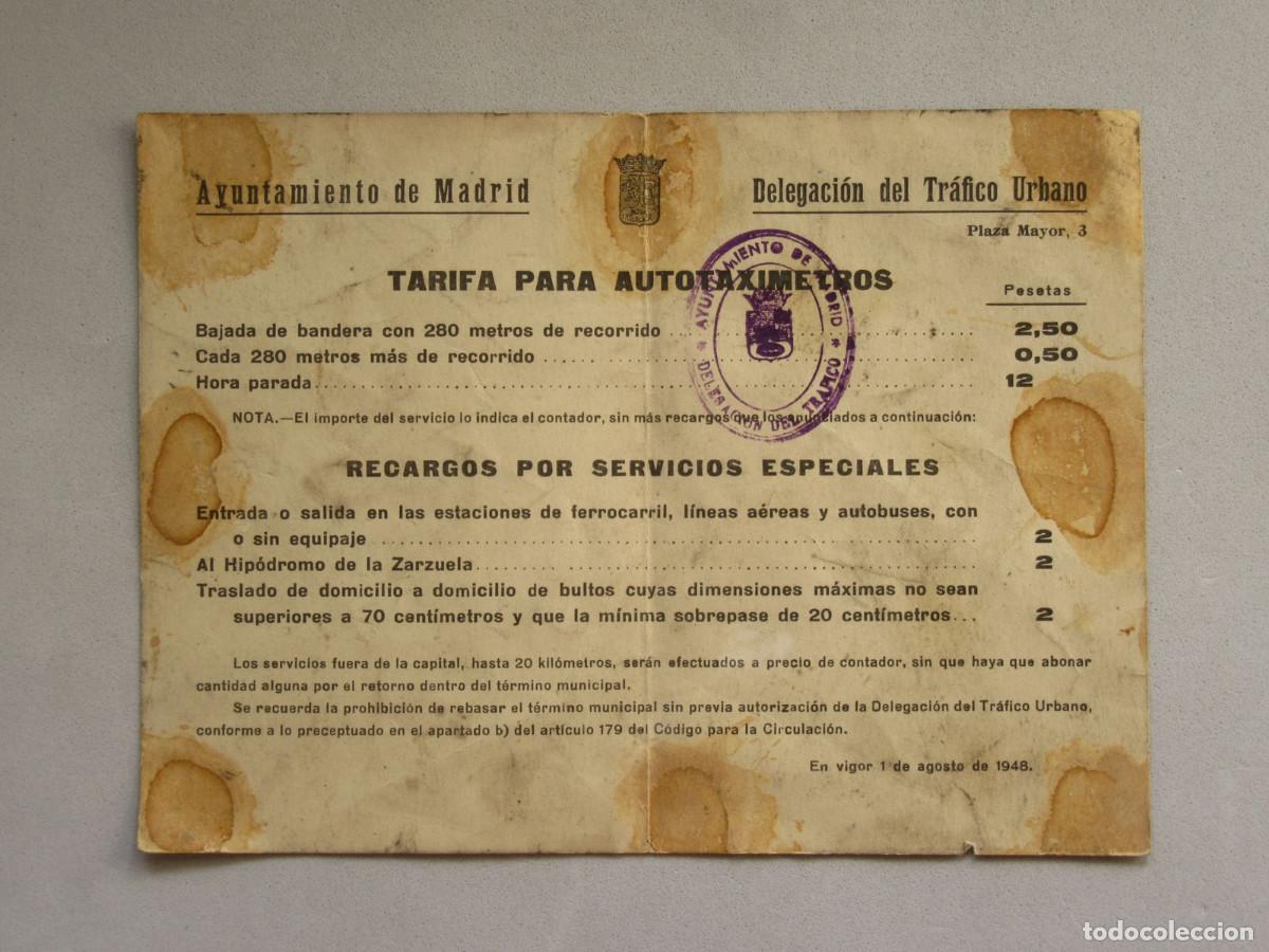 Coleccionismo Billetes de transporte: Tarifas de Taxis en madrid para el a&ntilde;o 1948. Autotax&iacute;metros.