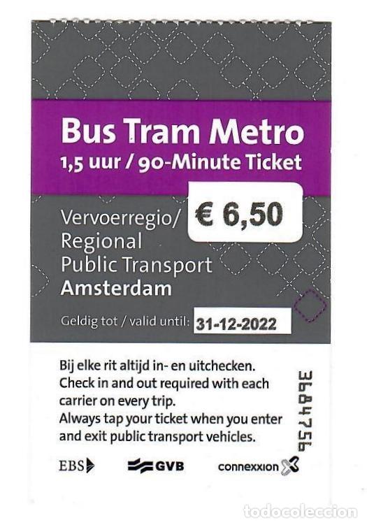 Coleccionismo Billetes de transporte: AMSTERDAM, Pa&iacute;ses Bajos. Billete de 90 minutos para autob&uacute;s, tranv&iacute;a y metro (2022).