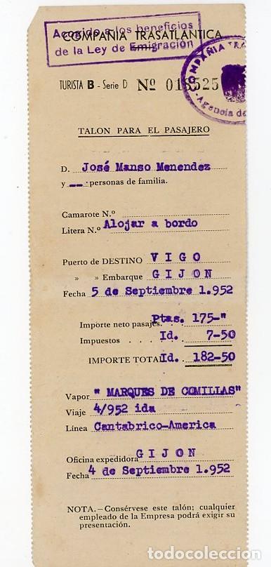Coleccionismo Billetes de transporte: PASAJE COMPA&Ntilde;IA TRASATLANTICA VAPOR MARQUES DE COMILLAS. VIGO &ndash; GIJON. ASTURIAS. 1952. Cantabrico
