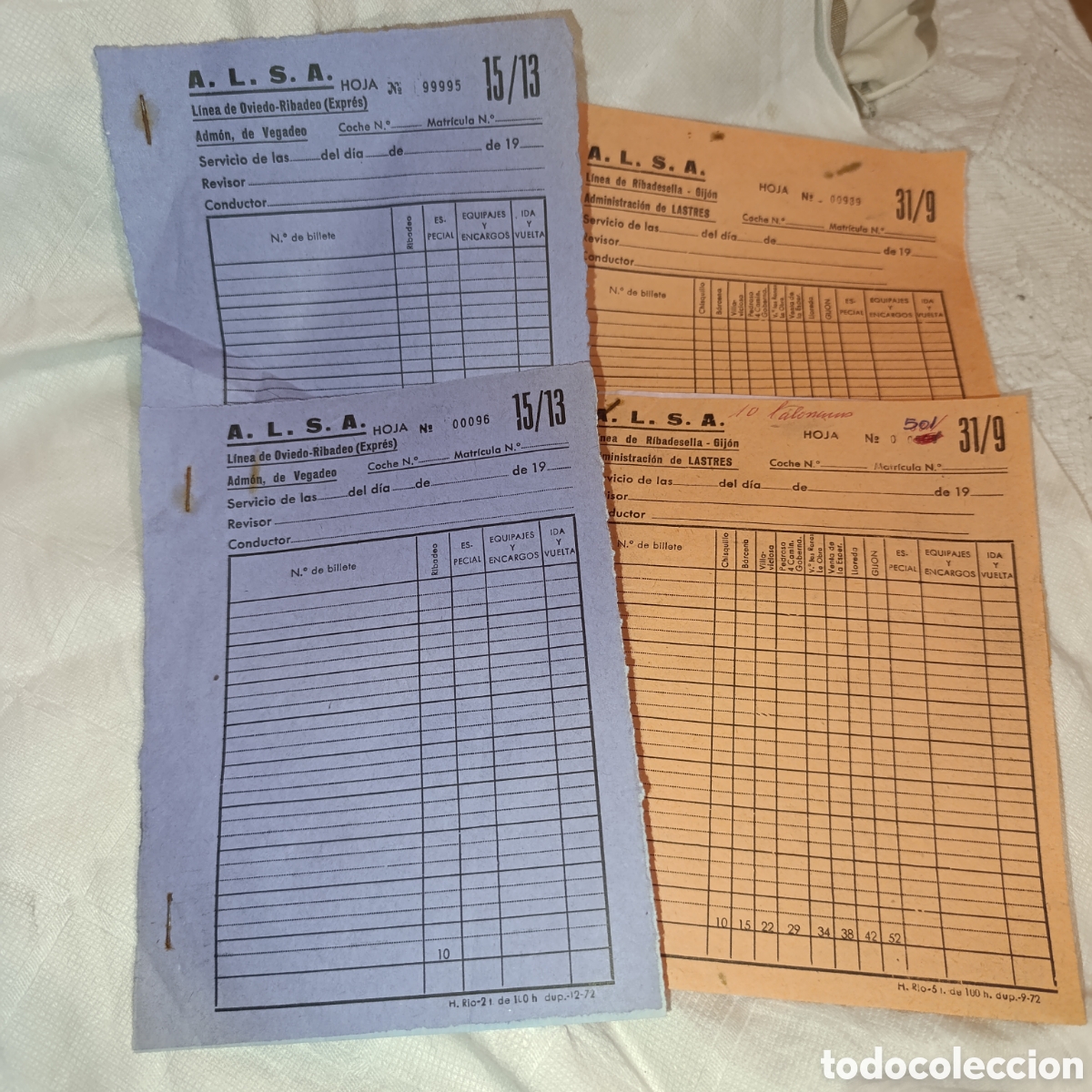 Coleccionismo Billetes de transporte: ALSA,linea Oviedo-Ribadeo,Hojas de ruta a&ntilde;os 70,sin uso
