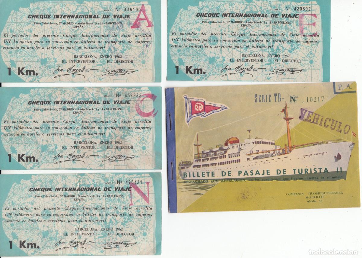 Coleccionismo Billetes de transporte: 4 CHEQUES INTERNACIONAL DE VIAJE - 1 KM Y BILLETE TRANSMEDITERR&Aacute;NEA - A&Ntilde;OS 60
