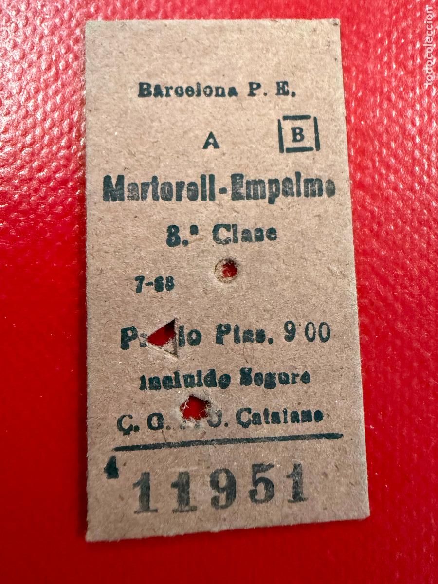 Coleccionismo Billetes de transporte: Martorell - empalme. Antiguo billete de tren o tranvia en carton rigido