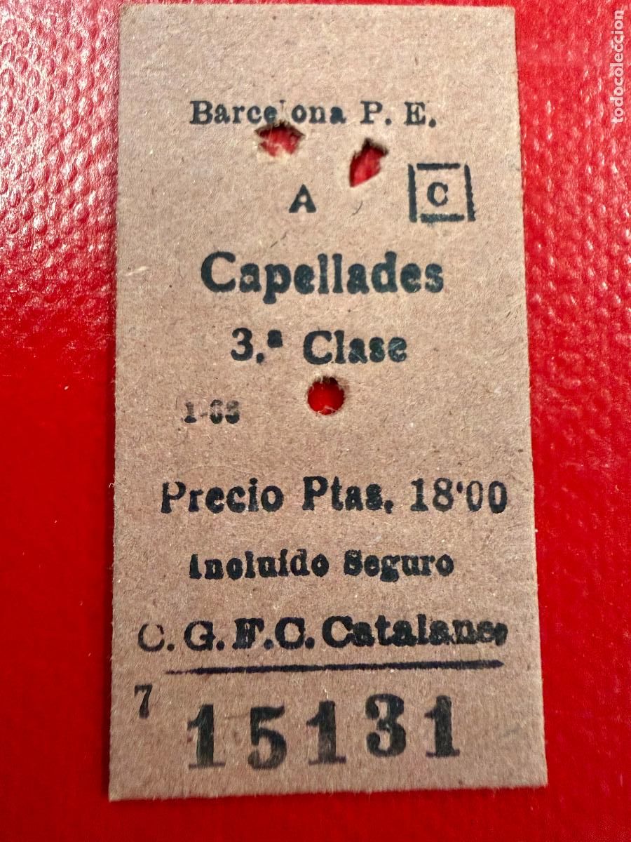 Coleccionismo Billetes de transporte: Capellades . Antiguo billete de tren o tranvia en carton rigido