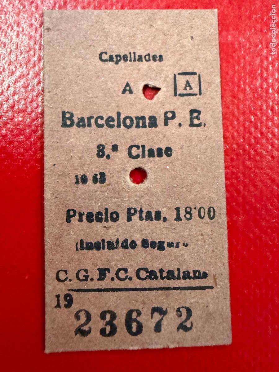 Coleccionismo Billetes de transporte: Capellades a Barcelona. Antiguo billete de tren o tranvia en carton rigido