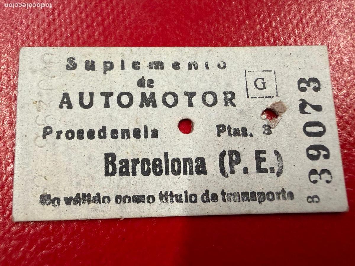 Coleccionismo Billetes de transporte: Suplemento de automotor. Barcelona. Antiguo billete de tren o tranvia en carton rigido