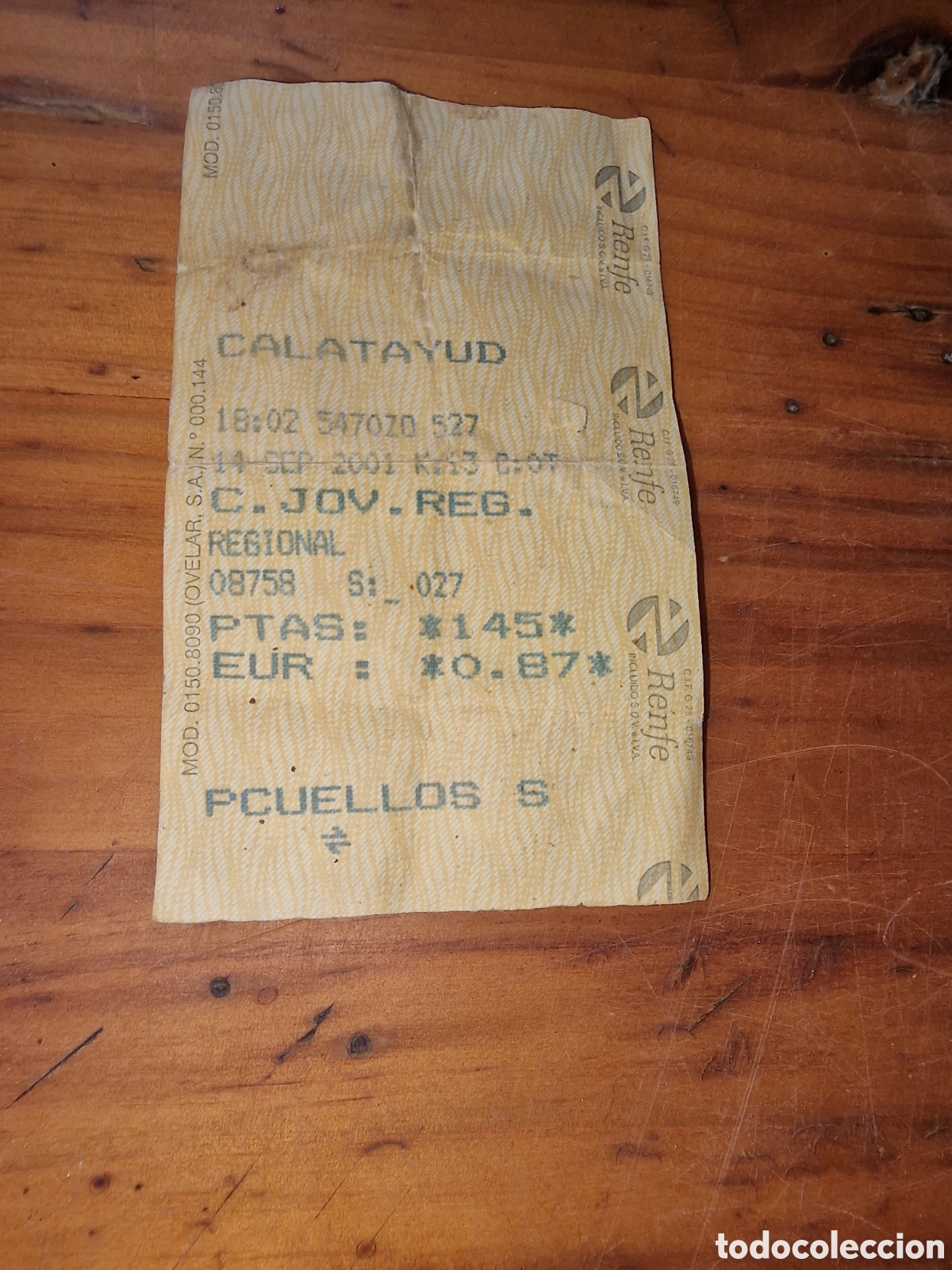 Coleccionismo Billetes de transporte: Ticket de tren renfe,calatayud a&ntilde;o 2001,ideal coleccionista