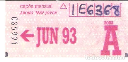 Coleccionismo Billetes de transporte: Zona A. Cup&oacute;n mensual. Abono joven. Billete transporte. Comunidad de Madrid. Junio 1993.