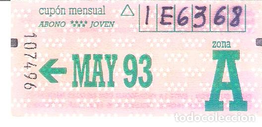 Coleccionismo Billetes de transporte: Zona A. Cup&oacute;n mensual. Abono joven. Billete transporte. Comunidad de Madrid. Mayo 1993.