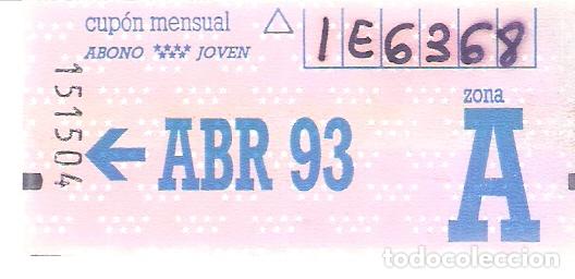 Coleccionismo Billetes de transporte: Zona A. Cup&oacute;n mensual. Abono joven. Billete transporte. Comunidad de Madrid. Abril 1993.
