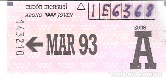 Coleccionismo Billetes de transporte: Zona A. Cup&oacute;n mensual. Abono joven. Billete transporte. Comunidad de Madrid. Marzo 1993.