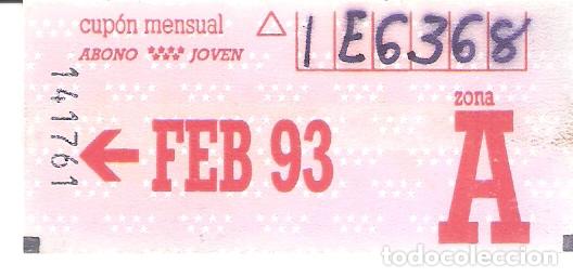 Coleccionismo Billetes de transporte: Zona A. Cup&oacute;n mensual. Abono joven. Billete transporte. Comunidad de Madrid. Febrero 1993.
