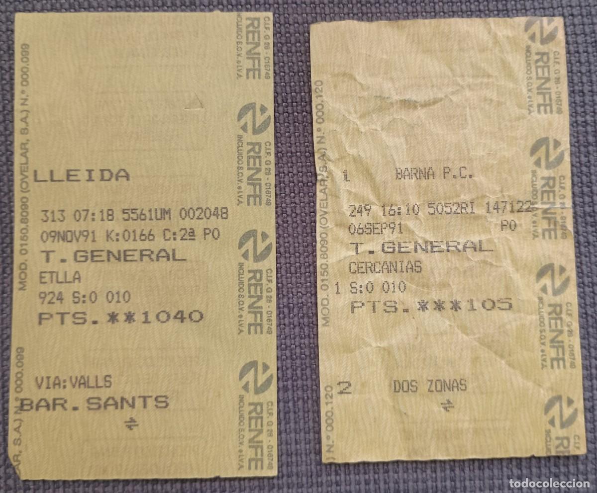 Coleccionismo Billetes de transporte: Billetes tren RENFE regionales Catalunya. Lleida - Barcelona. 1991