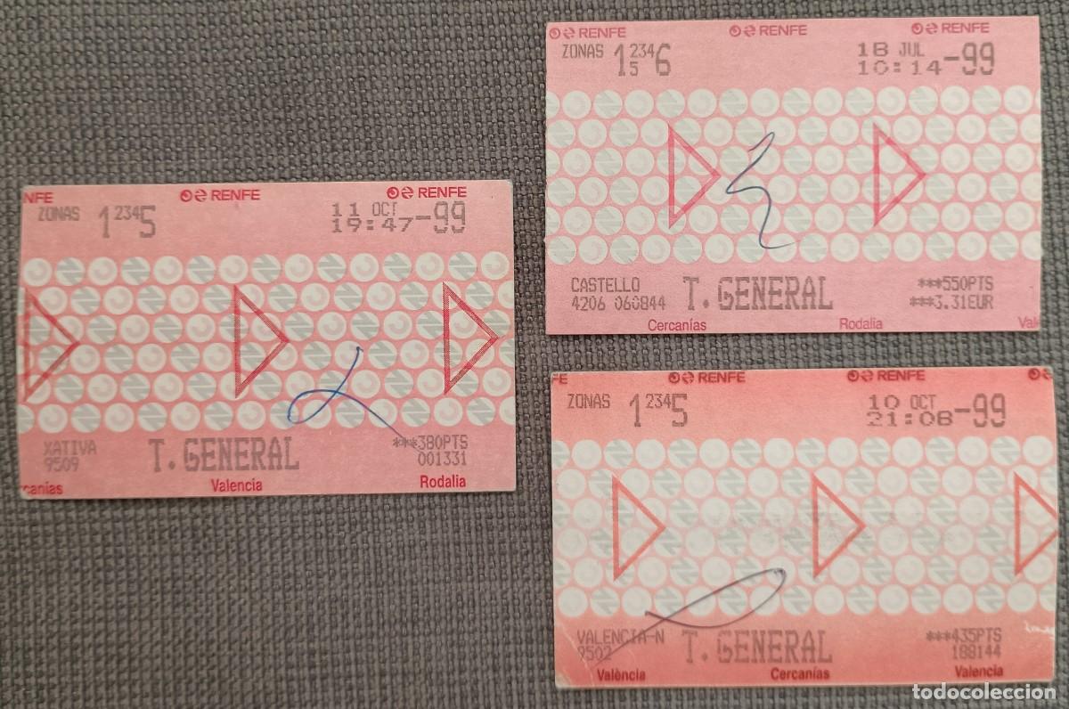 Coleccionismo Billetes de transporte: 3 Billetes tren RENFE Cercan&iacute;as Valencia. Castell&oacute;n. Xativa. 1999.
