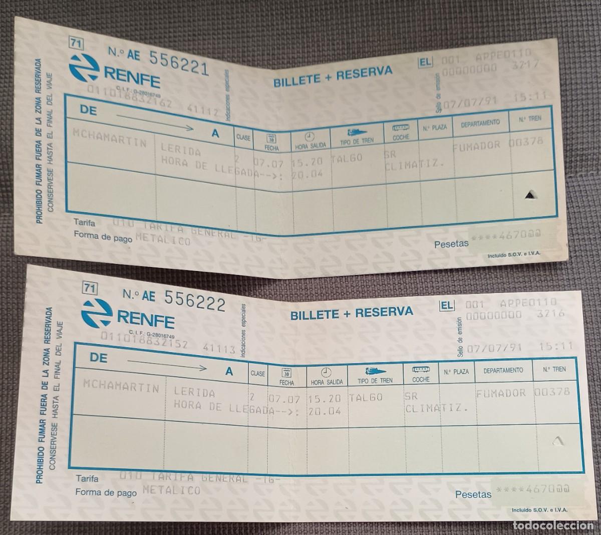 Coleccionismo Billetes de transporte: 2 Billetes tren RENFE Talgo. Madrid Chamart&iacute;n - Lleida. 7 julio 1991.