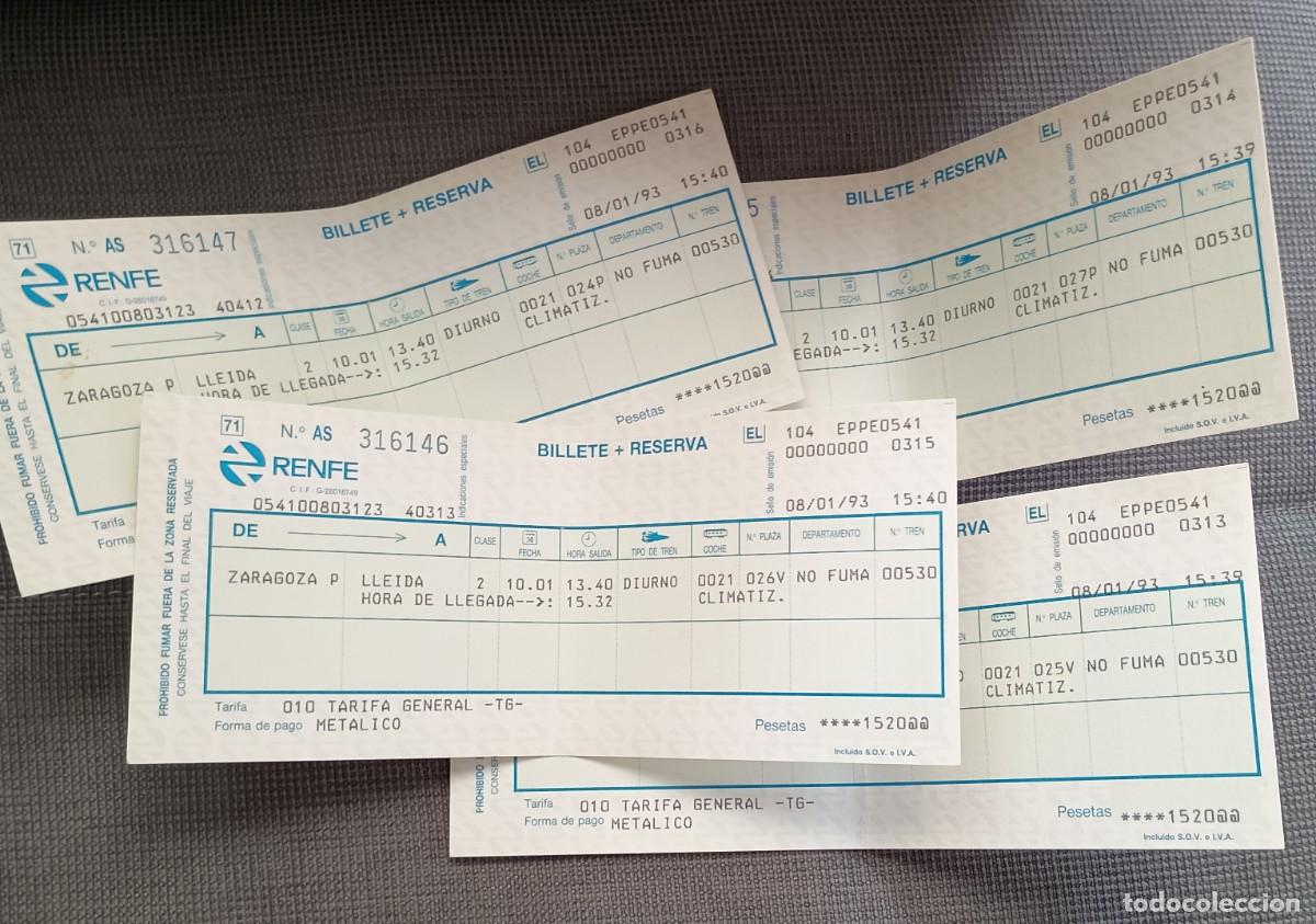 Coleccionismo Billetes de transporte: 4 Billetes tren RENFE. Ida y vuelta. Lleida - Zaragoza. Enero 1993.