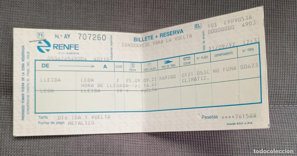 Coleccionismo Billetes de transporte: Billete tren RENFE. Ida y vuelta. Lleida - Le&oacute;n. Septiembre 1992.