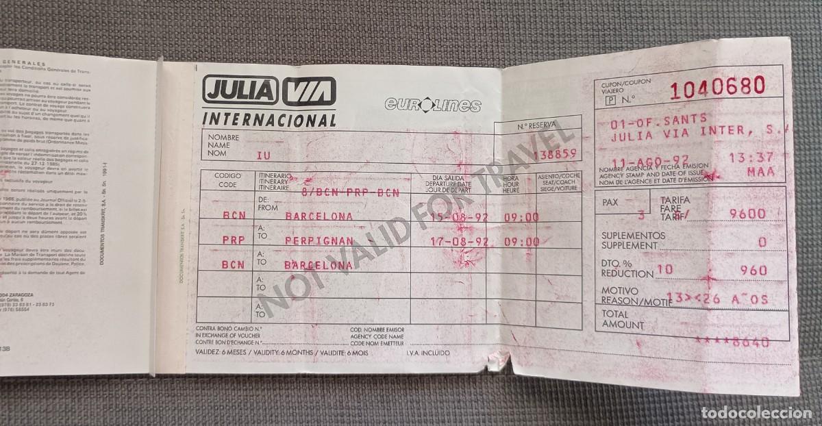 Coleccionismo Billetes de transporte: Billete autob&uacute;s. Ida y vuelta. Barcelona - Perpignan. Agosto 1992. Julia Eurolines.