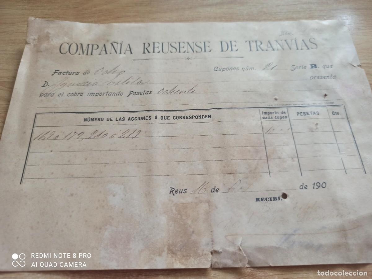 Coleccionismo Billetes de transporte: Compa&ntilde;ia Reusense de Tranv&iacute;as. Factura