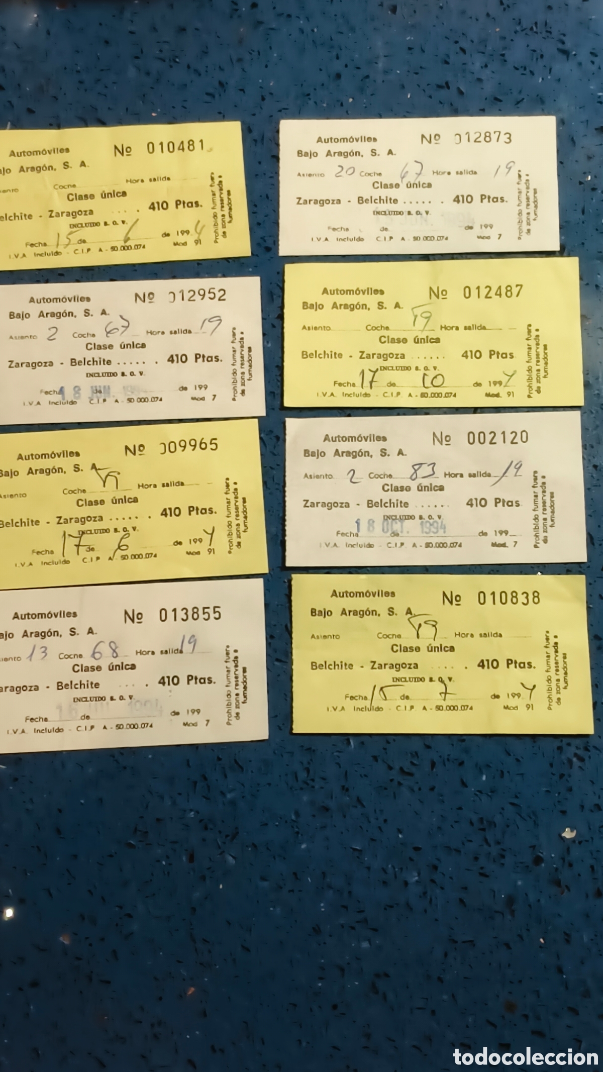 Coleccionismo Billetes de transporte: 8 billetes autobus bajo Arag&oacute;n Belchite Zaragoza transporte 1994