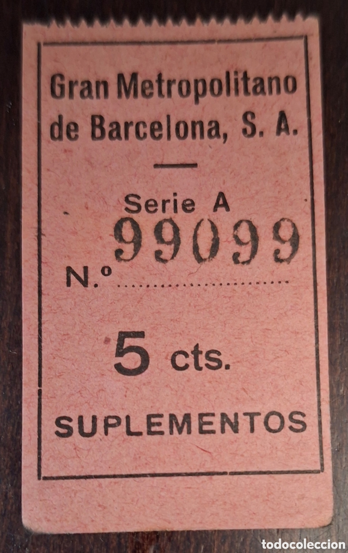 Coleccionismo Billetes de transporte: Billete Gran Metropolitano de Barcelona S.A capicua suplementos Raro