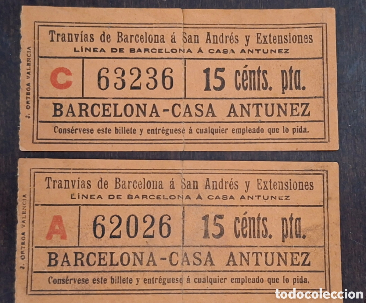 Coleccionismo Billetes de transporte: Dos billetes de tranvias de Barcelona Casa Antu&ntilde;ez capicua