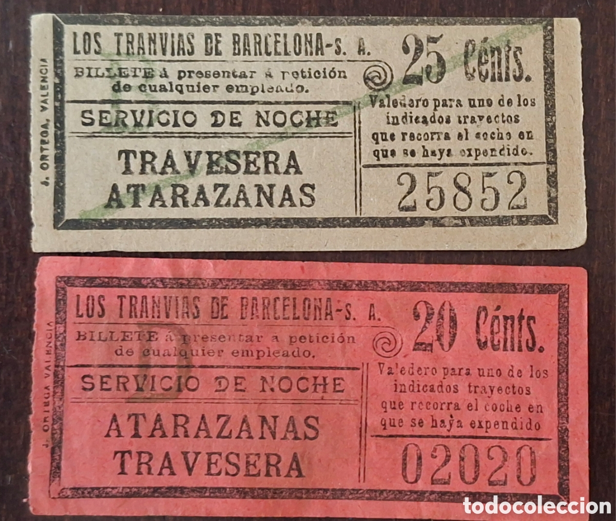 Coleccionismo Billetes de transporte: Dos billetes tranvias de Barcelona Servicio de noche capicua
