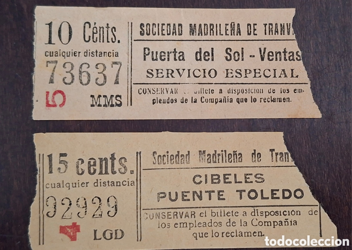 Coleccionismo Billetes de transporte: Dos billetes sociedad Madrile&ntilde;a tranvias Servicio Especial Capicua