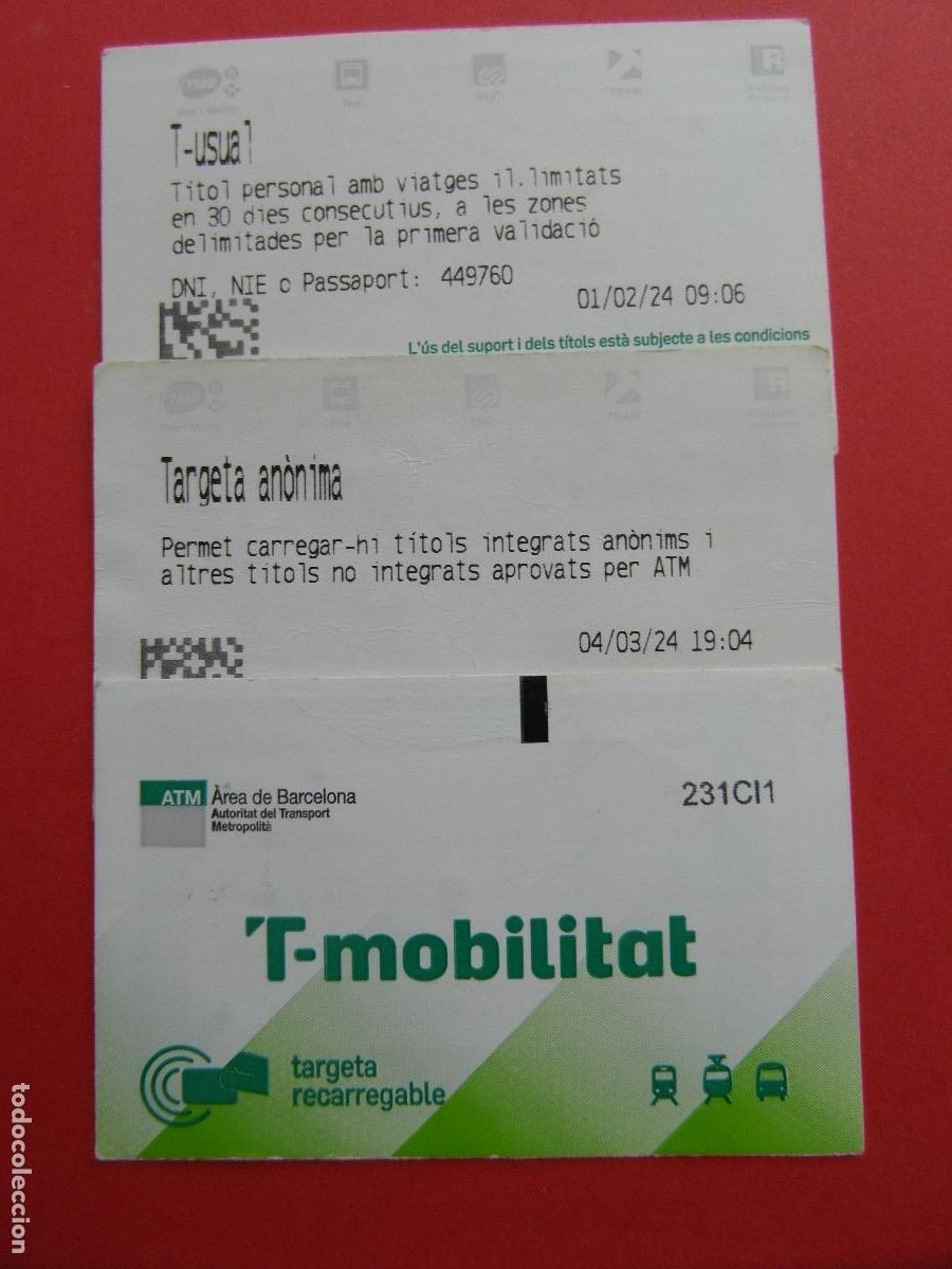 Coleccionismo Billetes de transporte: REF: COL_LBE01 - TARJETA T-MOBILITAT - 2 UNIDADES - ANONIMA Y USUAL 2024 - 231CI1