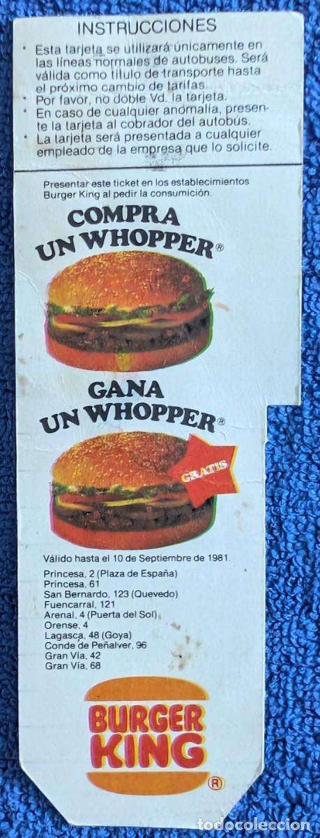 Coleccionismo Billetes de transporte: Bonobus EMT con promoci&oacute;n trasera de Burguer King