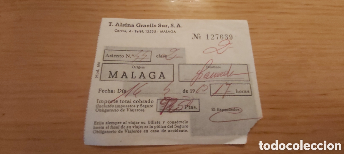 Coleccionismo Billetes de transporte: BILLETE AUTOBUS MALAGA A GRANADA. ALSINA GRAELLS SUR.
