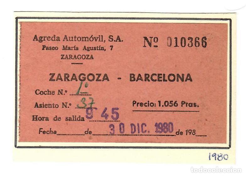 Coleccionismo billetes de transporte: &Aacute;GREDA AUTOM&Oacute;VIL. Billete de autob&uacute;s Zaragoza - Barcelona. 30.12.1980.
