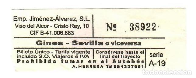 Coleccionismo billetes de transporte: EMPRESA JIM&Eacute;NEZ-&Aacute;LVAREZ S.L. Billete de autob&uacute;s de Gines a Sevilla o viceversa.