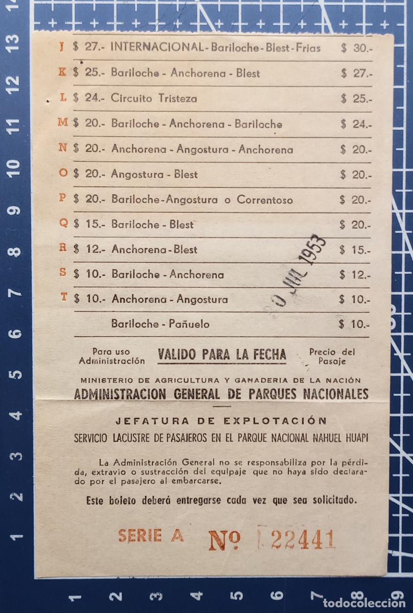 Coleccionismo billetes de transporte: BILLETE/TIQUET - SERVICIO LACUSTRE PARQUE NACIONAL NAHUEL HUAPI - 1953