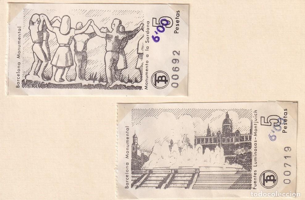 Coleccionismo billetes de transporte: Barcelona Monumental / Monumento a La Sardana - Fuentes luminosas Montjuich / PVP sobreimpreso