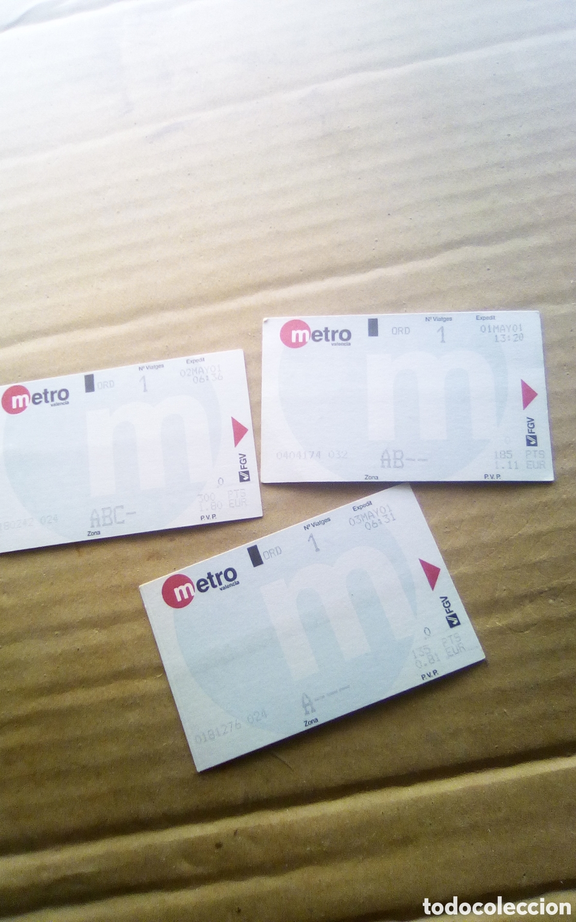 Coleccionismo billetes de transporte: 3 Billetes de Metro Valencia. FGV. Zonas A, AB, ABC. Mayo de 2001.