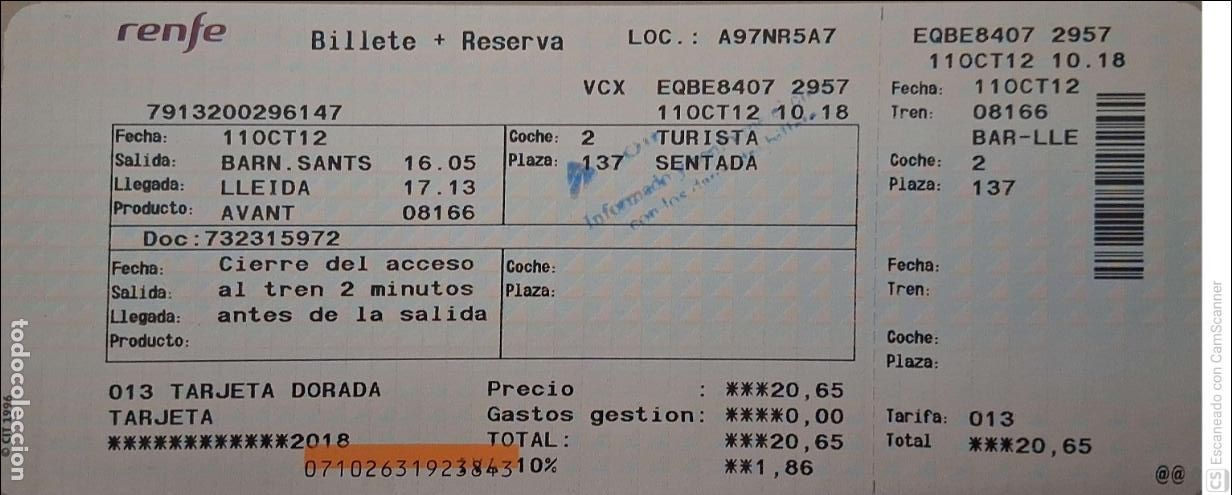 Coleccionismo billetes de transporte: Billete Renfe. Barn.Sants-Lleida con Avant, del a&ntilde;o 2012. Ver foto.
