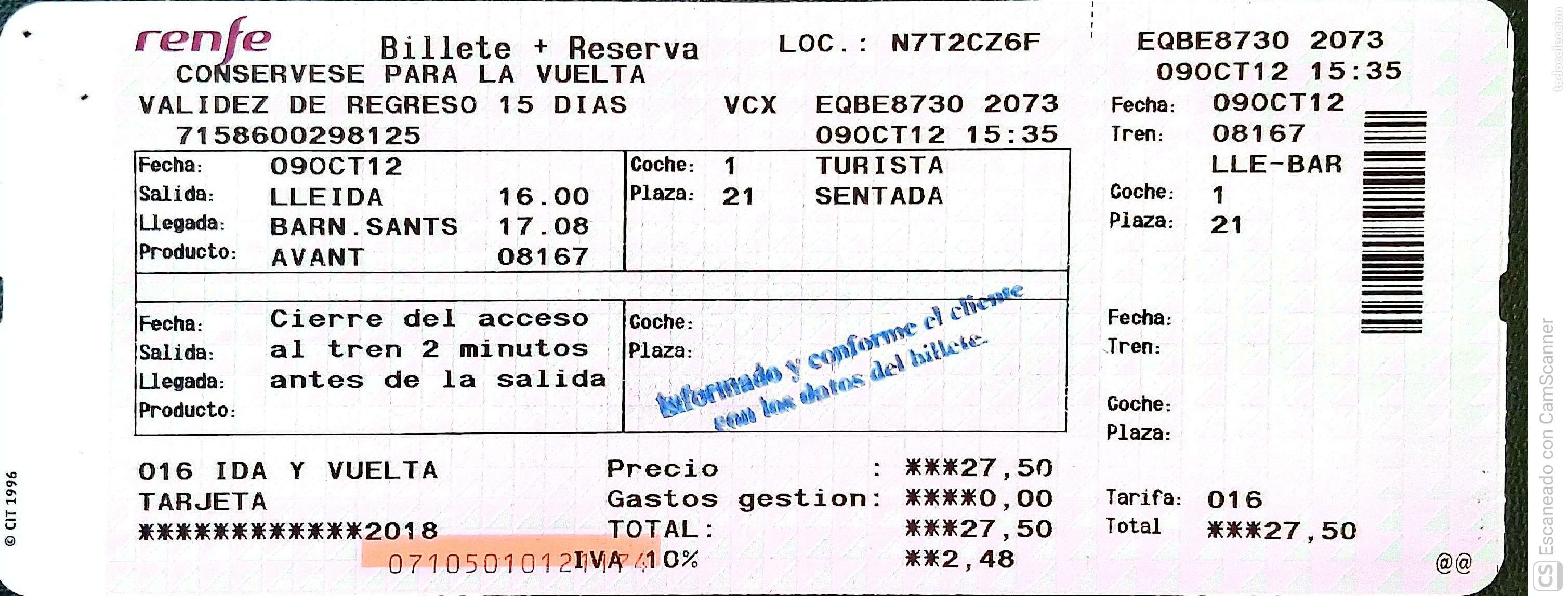 Coleccionismo billetes de transporte: Billete Renfe. Barn.Sants-Lleida con Avant, del a&ntilde;o 2012. Ver foto.