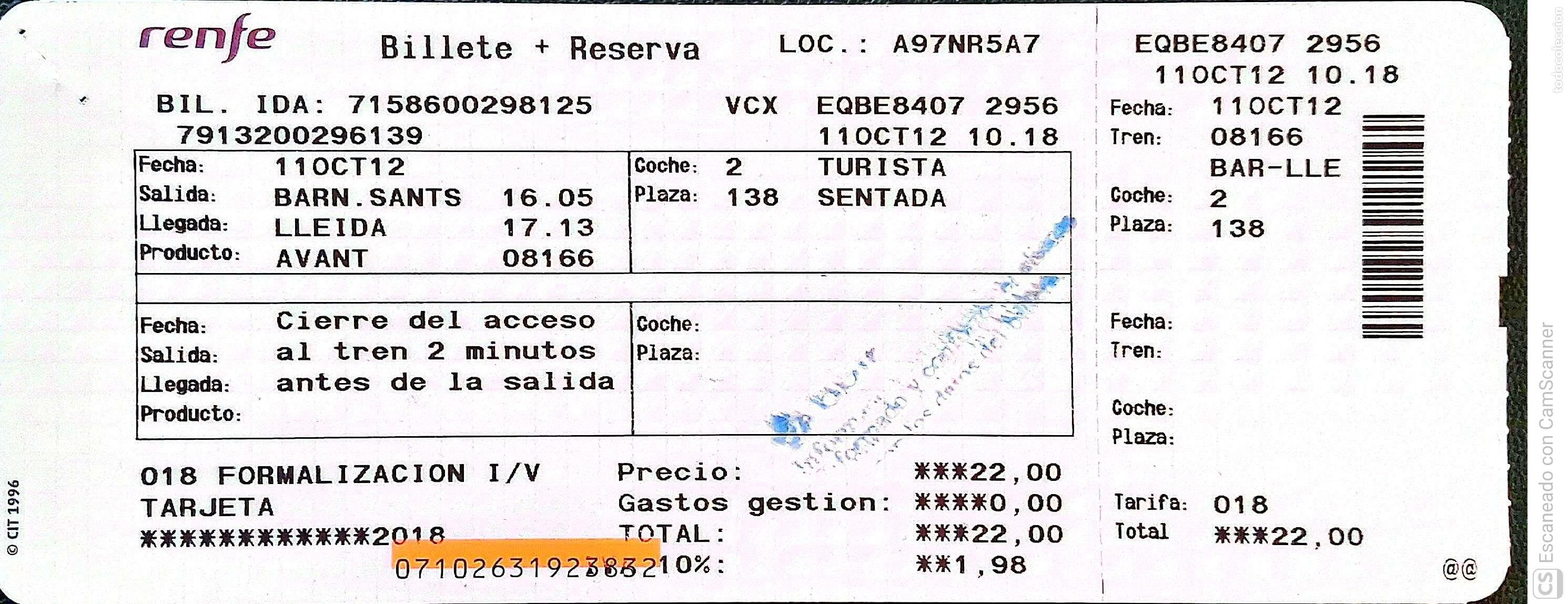 Coleccionismo billetes de transporte: Billete Renfe. Barn.Sants-Lleida con Avant, del a&ntilde;o 2012. Ver foto.