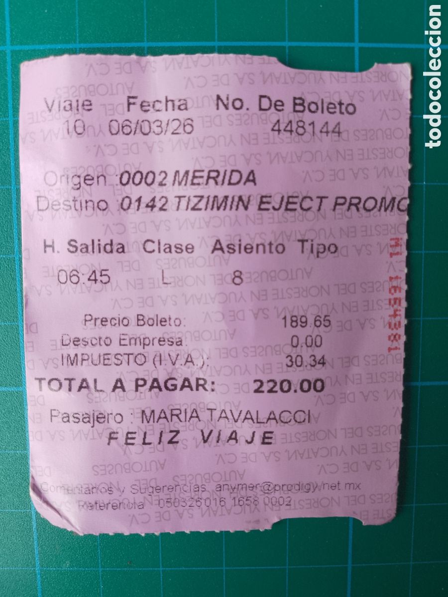 Coleccionismo billetes de transporte: TICKET BUS - MERIDA - TIZIMIN - YUCATAN NORESTE MEXICO