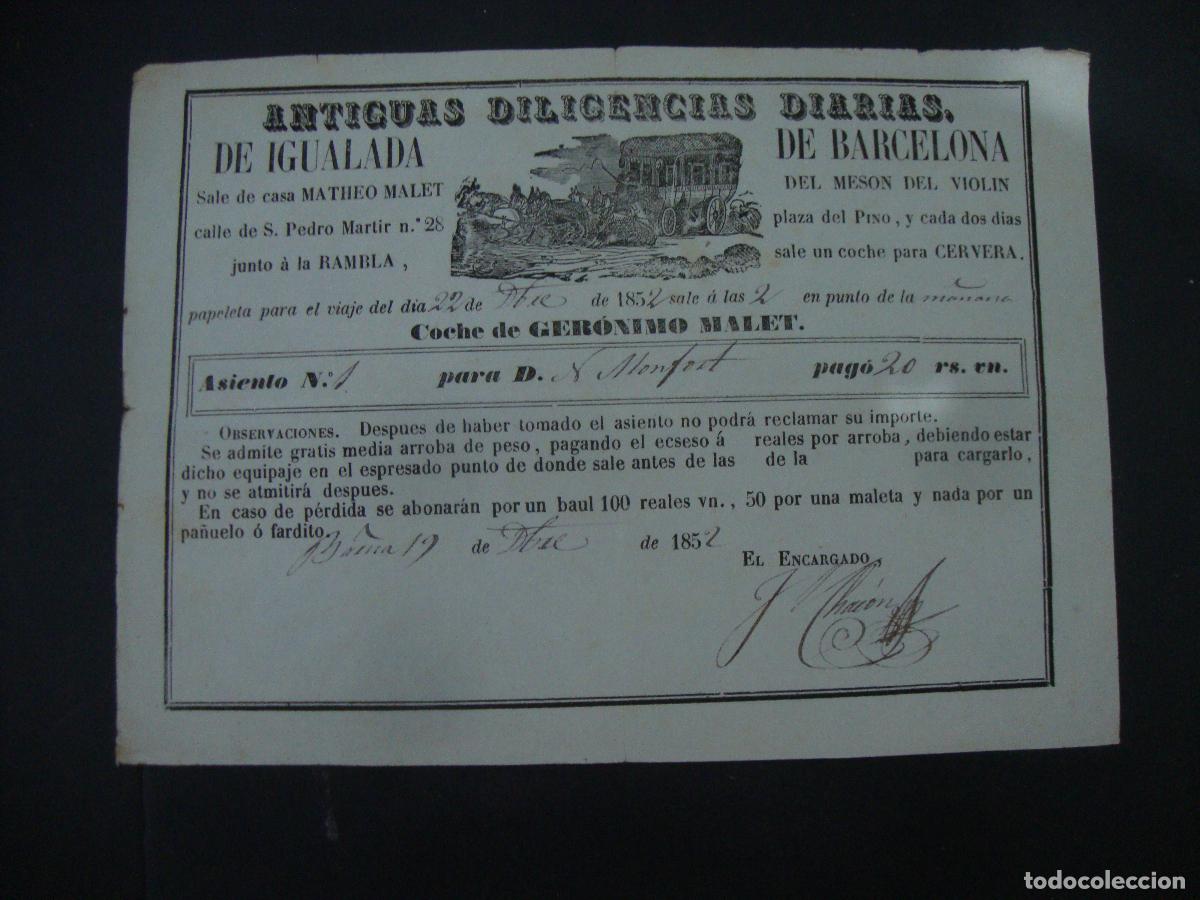 Coleccionismo billetes de transporte: ANTIGUO BILLETE ANTIGUAS DILIGENCIAS DIARIAS DE IGUALADA BARCELONA 1852