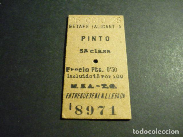 Coleccionismo billetes de transporte: BILLETE DE TREN GETAFE (ALICANTE) PINTO 3&ordf; CLASE M.Z.A. T. G. 1928