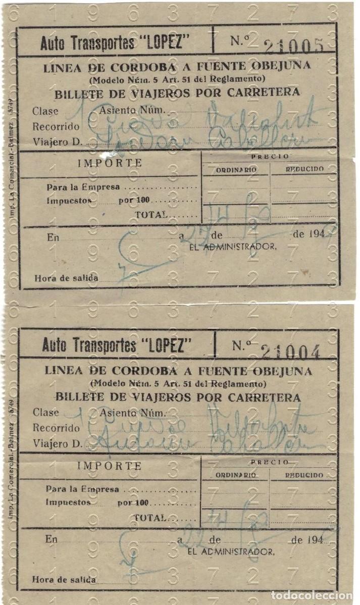 Coleccionismo billetes de transporte: 1949 CORDOBA FUENTE OBEJUNA 2 BILLETES AUTOBUS LOPEZ M40