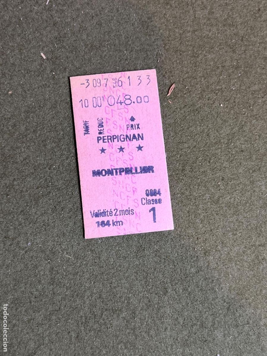 Coleccionismo billetes de transporte: Billete antiguo SNCF Perpi&ntilde;&aacute;n Montpellier 1&ordf; Clase | Cart&oacute;n Edmondson | Ferrocarril Francia | 164 km