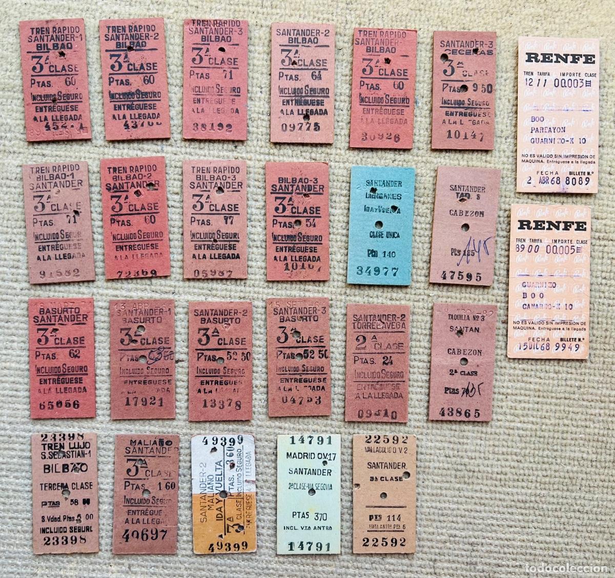 Coleccionismo billetes de transporte: Lote de 25 billetes de tren, ferrocarril (Santander, Bilbao, Cece&ntilde;as, Cabez&oacute;n, Torrelavega, Malia&ntilde;o,