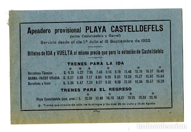 Coleccionismo billetes de transporte: Billete Tren Apeadero Playa Castelldefels Septiembre 1932